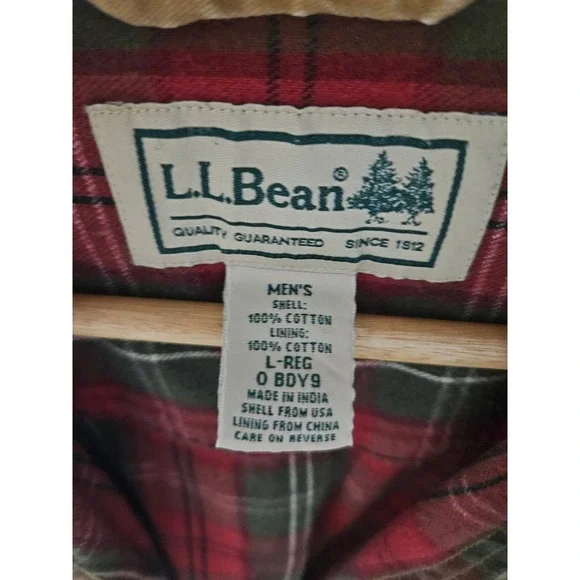 Vtg LL Bean Flannel Lined Canvas Shirt Jacket Mens LTan Khaki Plaid Lining - Picture 6 of 8